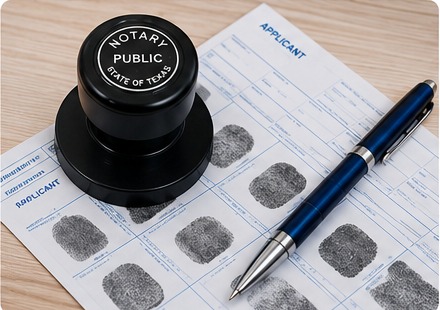 Notary stamp, fingerprint card, and blue pen arranged on a desk